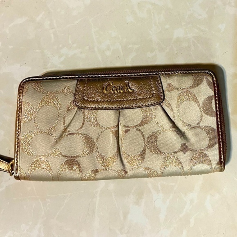 Coach Charlie C Signature Zip Around Wallet, Gold with Purple Interior